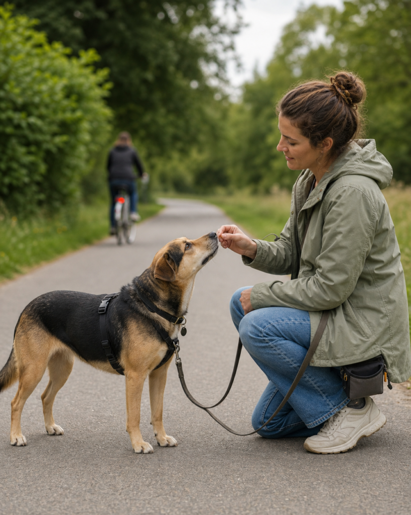 Hund schaut ruhig zu seinem Menschen, während eine Alltagssituation in sicherem Abstand bleibt