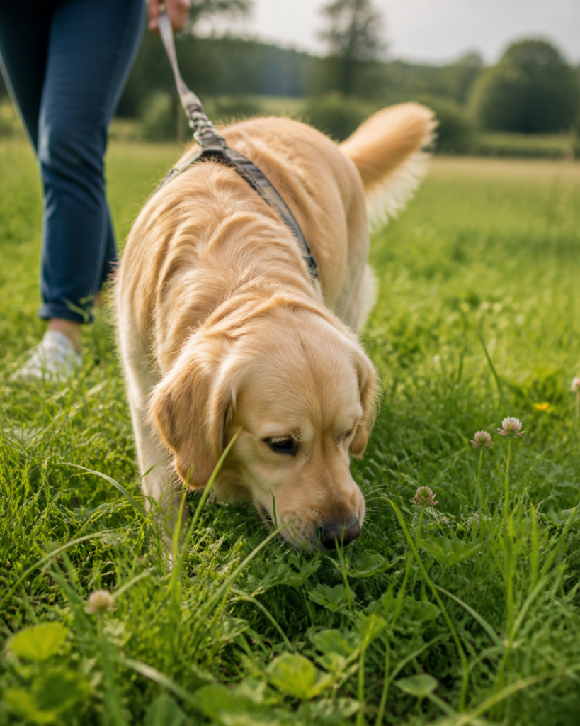 Hund knabbert beim Spaziergang vorsichtig an frischem Gras