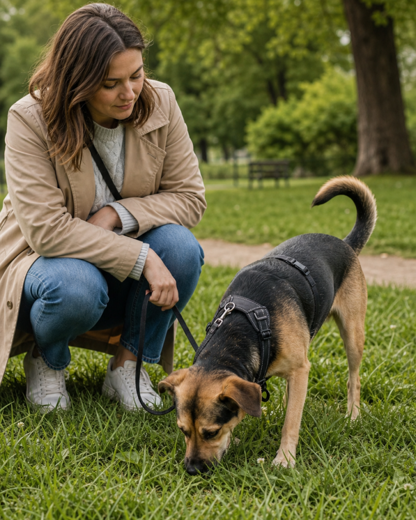 Mensch geht neben seinem Hund in die Hocke und beobachtet ihn nach dem Grasfressen aufmerksam