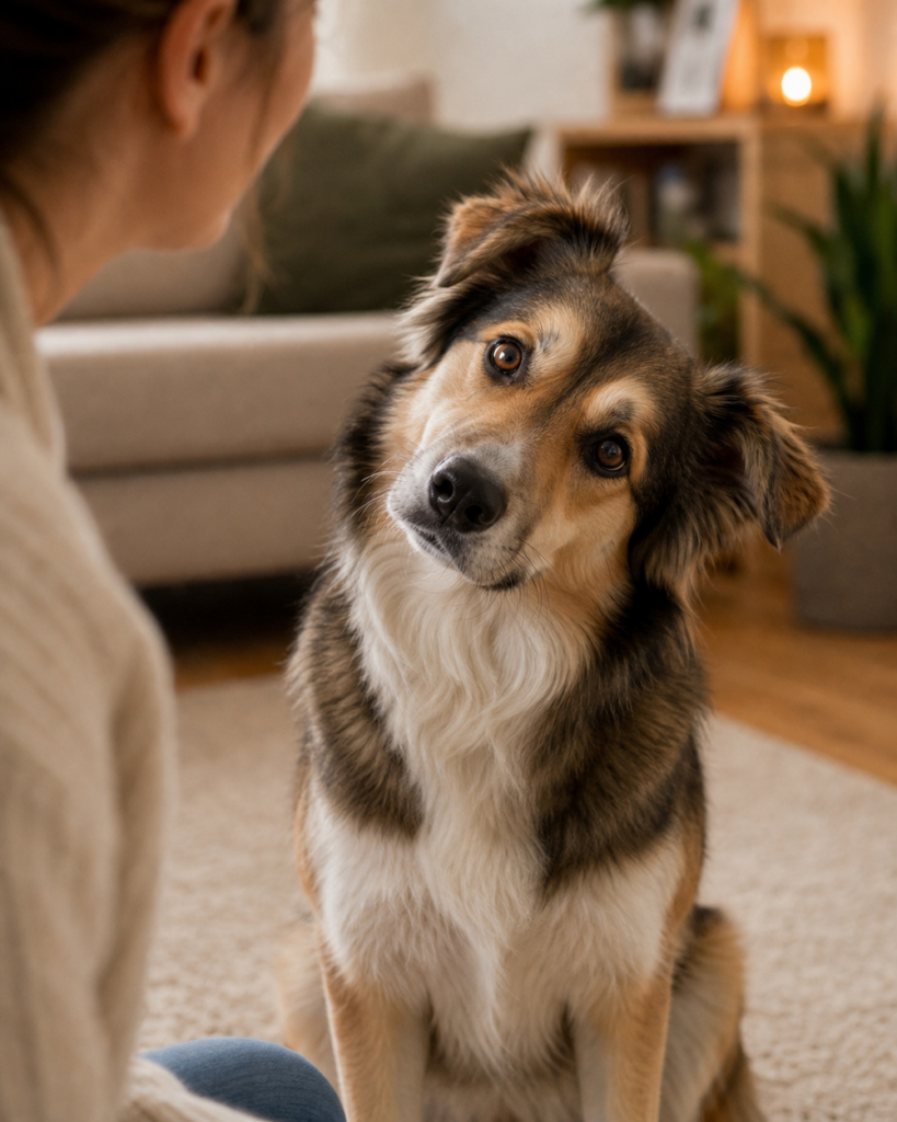 Hund legt neugierig den Kopf schief, während ein Mensch mit ihm spricht