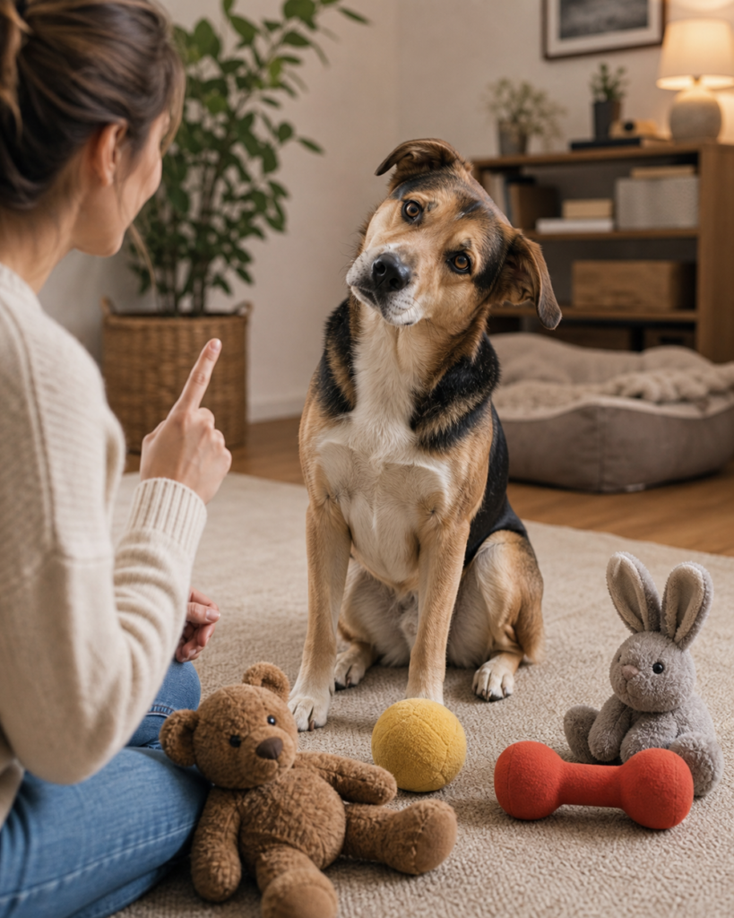 Hund schaut konzentriert auf Spielzeuge, während ein Mensch ein Signal gibt