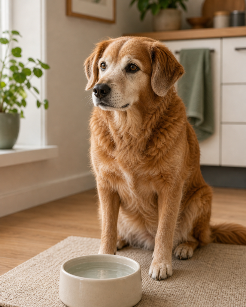 Älterer Hund sitzt ruhig neben einem sauberen Wassernapf