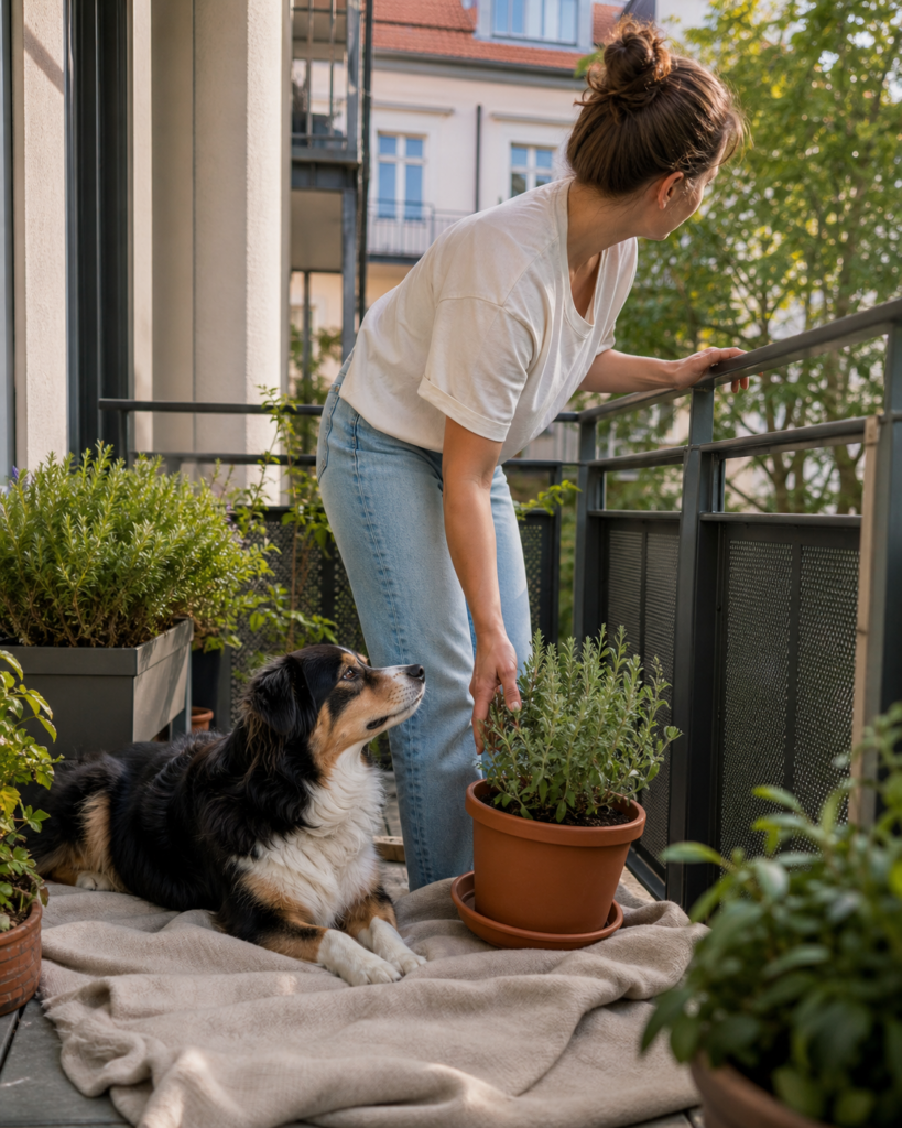 Mensch prüft das Balkongeländer, während ein Hund ruhig auf einer Decke wartet