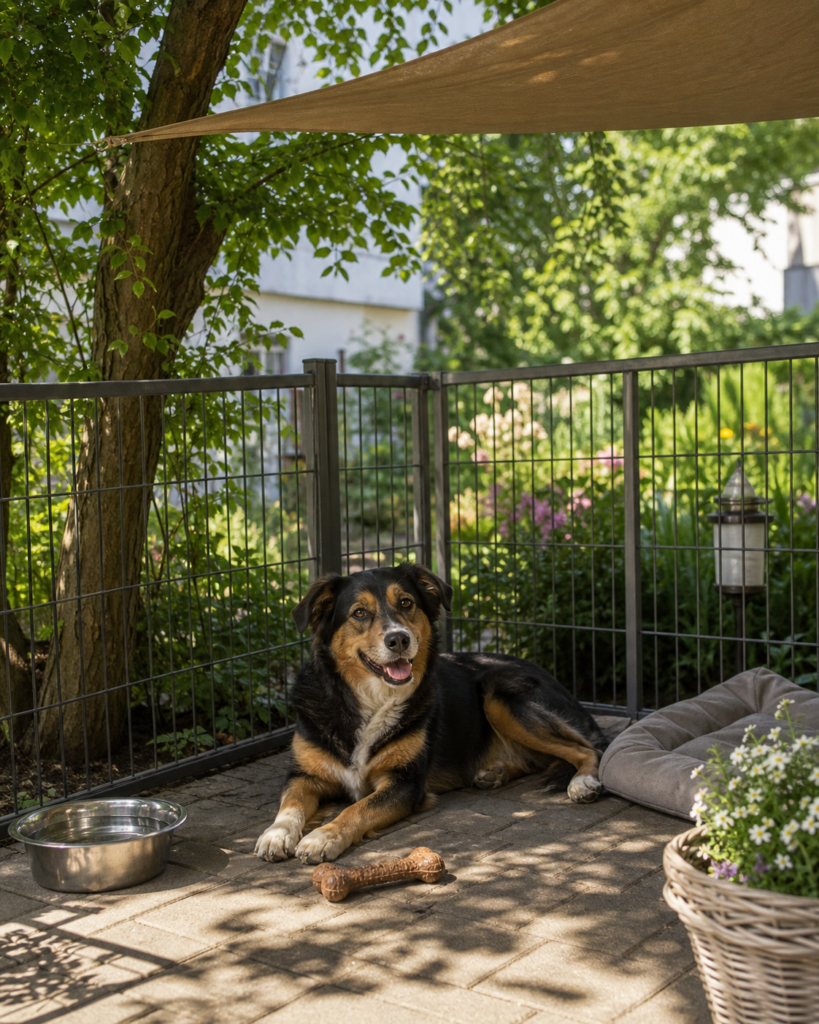 Hund entspannt in einer schattigen, sicher eingezäunten Gartenecke mit Wassernapf