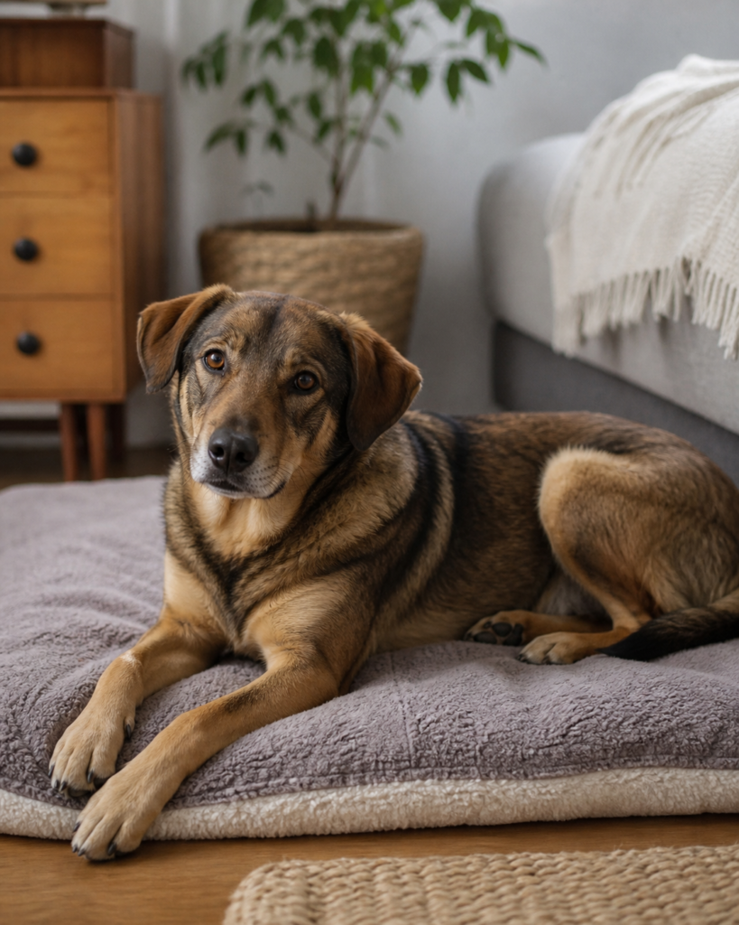 Hund liegt ruhig auf einer Decke abseits des Fensters