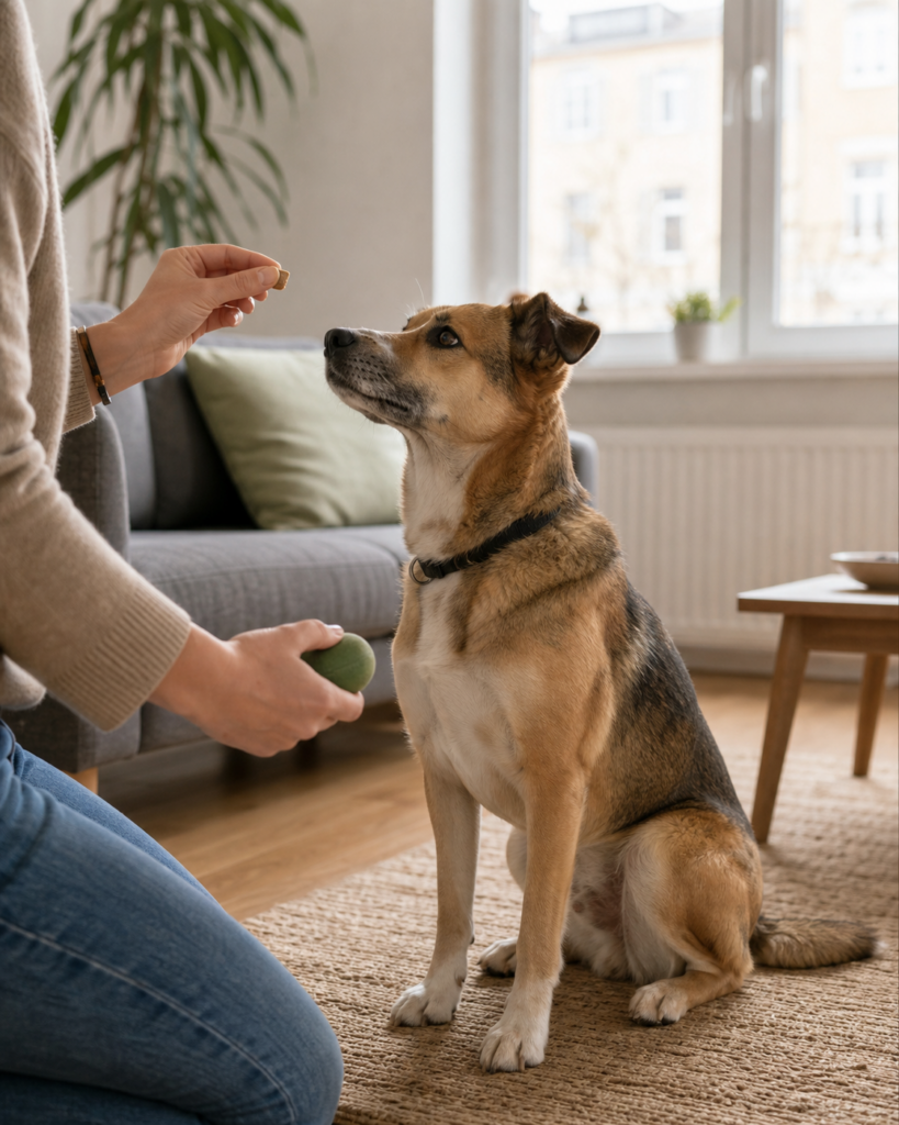 Mensch belohnt einen ruhigen Hund im Wohnzimmer, während im Hintergrund ein Fenster zu sehen ist