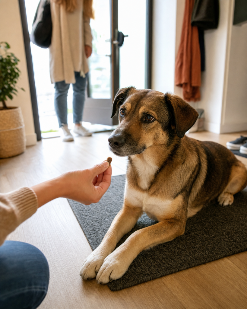 Hund liegt ruhig auf einer Matte, während Besuch im Flur ankommt