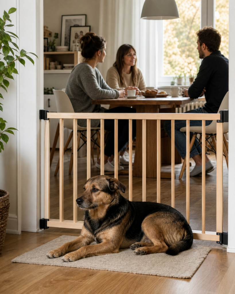 Hund entspannt hinter einem Trenngitter, während Gäste am Tisch sitzen