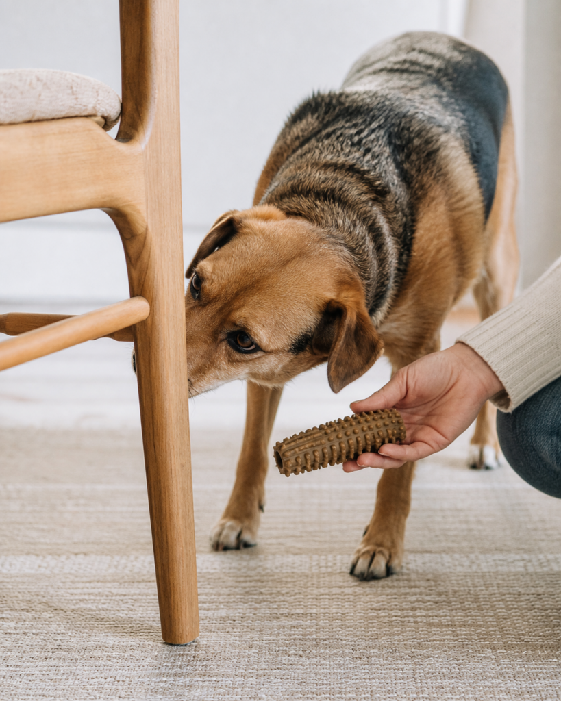 Hund schnuppert an einem Stuhlbein, während ein Mensch ruhig ein Kauspielzeug anbietet