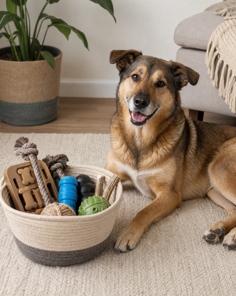 Korb mit sicheren Kauspielzeugen neben einem entspannten Hund auf dem Teppich
