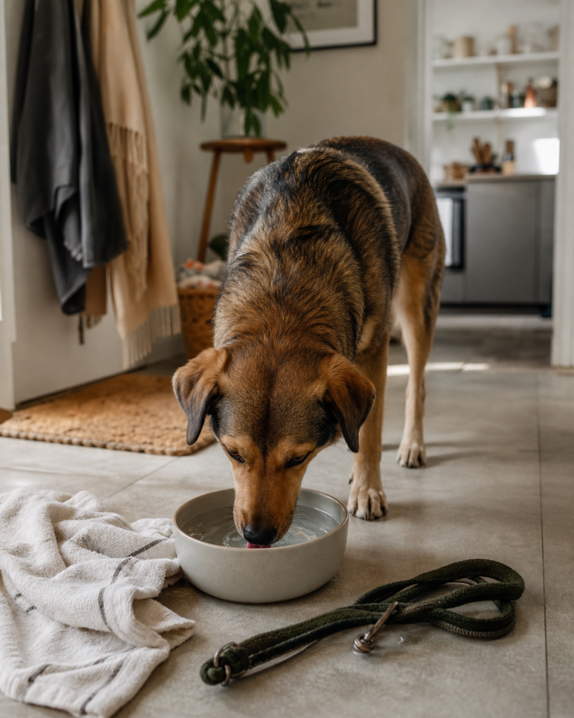 Hund trinkt nach dem Spaziergang ruhig Wasser aus einem Napf neben Leine und Handtuch