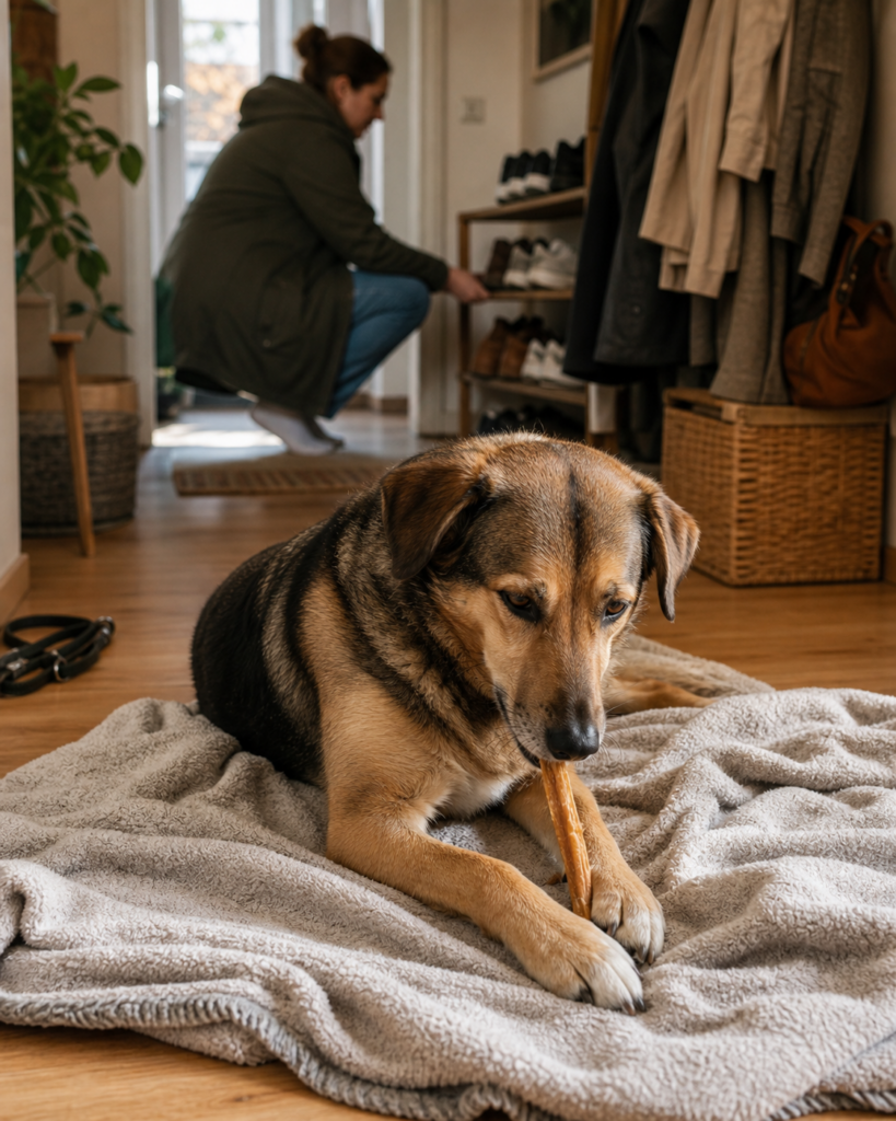 Hund liegt nach der Runde entspannt auf einer Decke, während im Hintergrund Schuhe weggeräumt werden