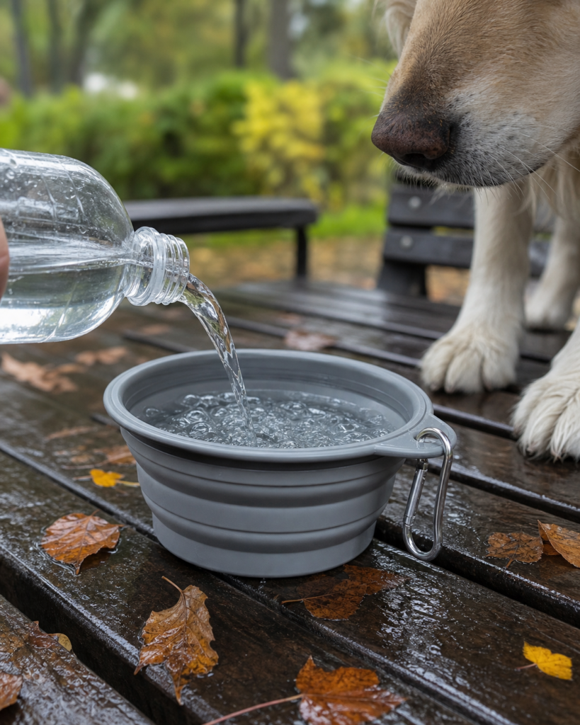 Sauberer Reisenapf wird nach dem Regen für einen Hund mit Wasser gefüllt