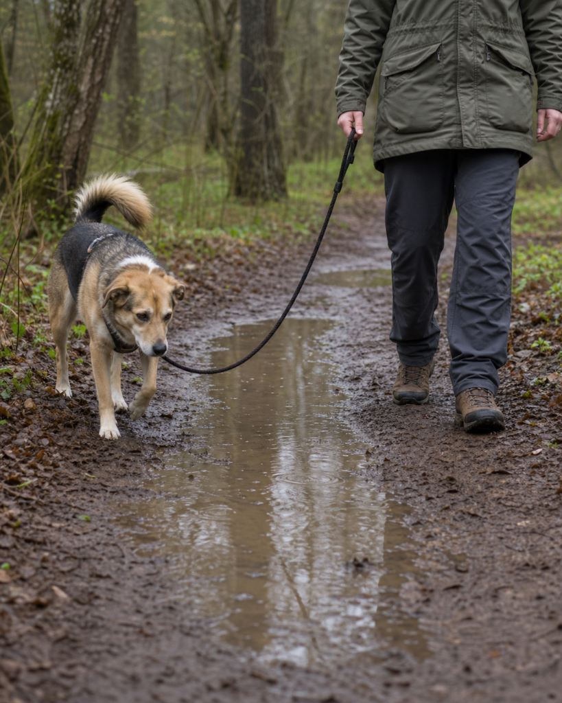 Hund und Mensch gehen entspannt um eine matschige Pfütze auf einem Waldweg herum