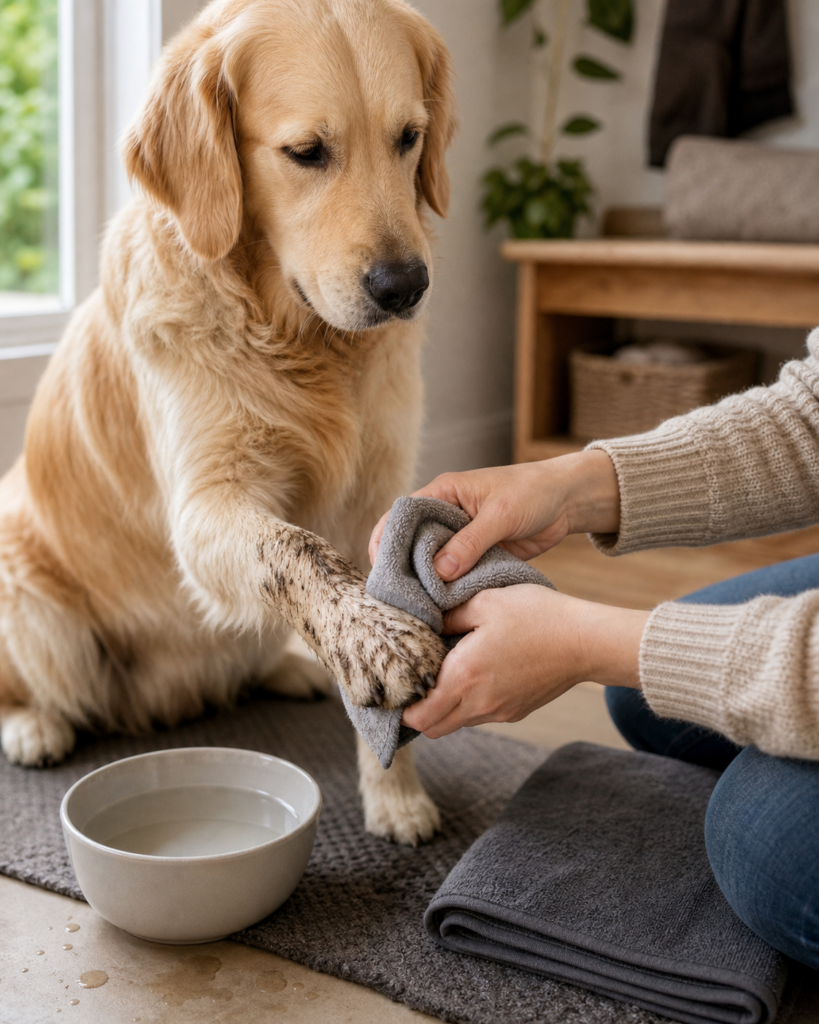 Hundehalterin reinigt eine matschige Hundepfote vorsichtig mit einem weichen Tuch