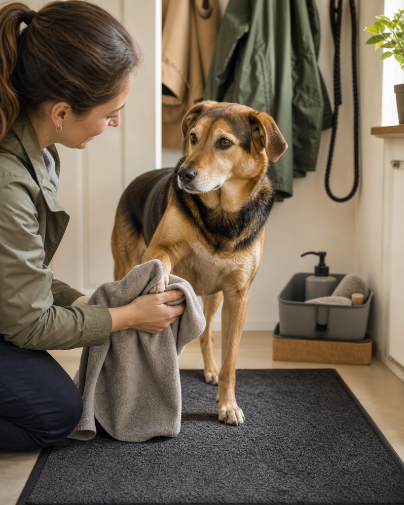 Hundehalterin trocknet die gereinigte Pfote ihres Hundes mit einem weichen Handtuch