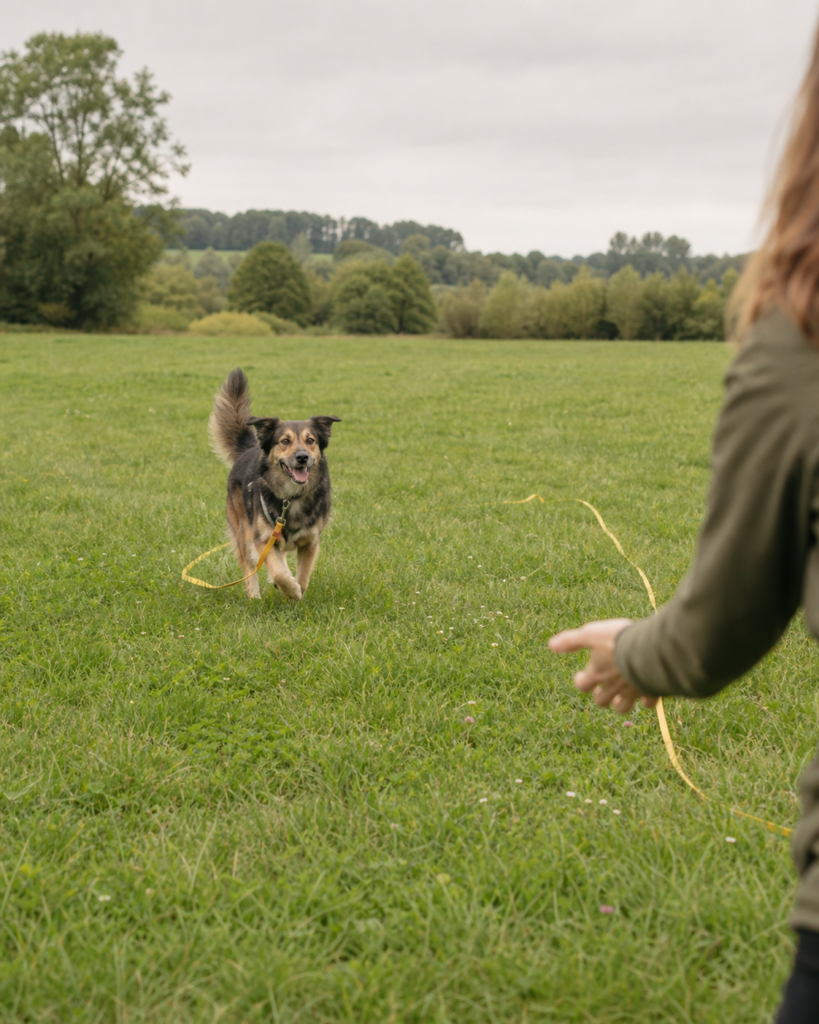 Hund läuft auf einer offenen Wiese an der Schleppleine zurück zu seinem Menschen