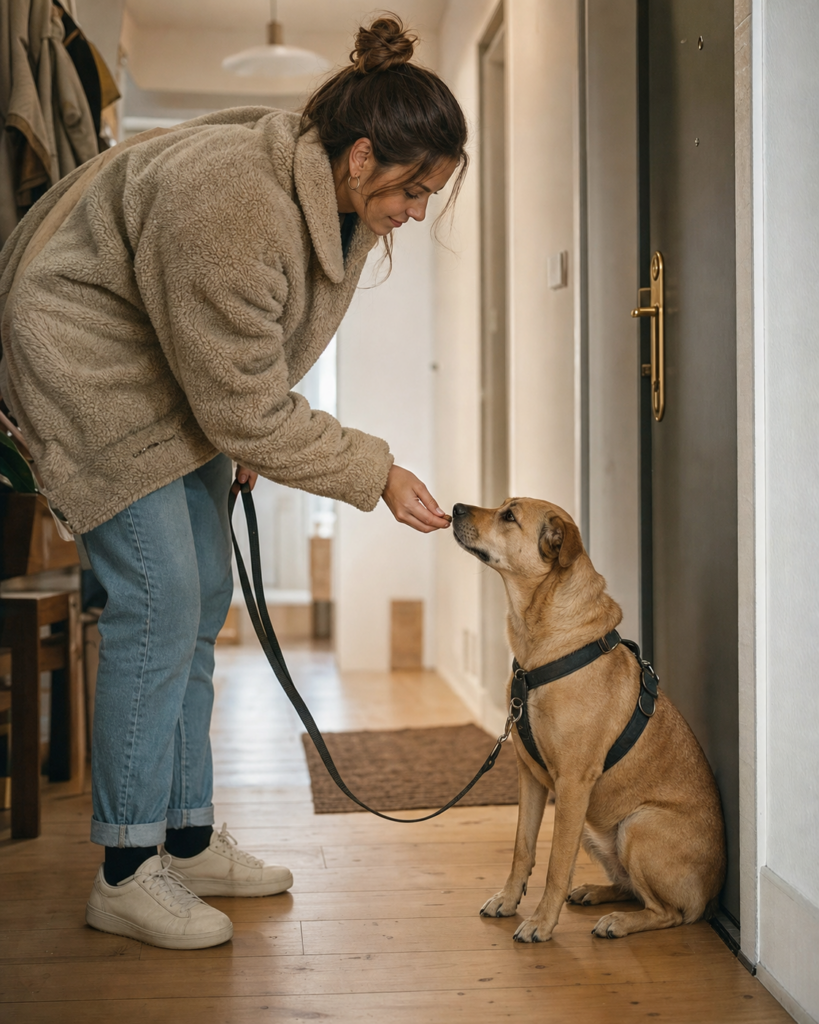 Hund sitzt ruhig an der Wohnungstür und bekommt eine Belohnung
