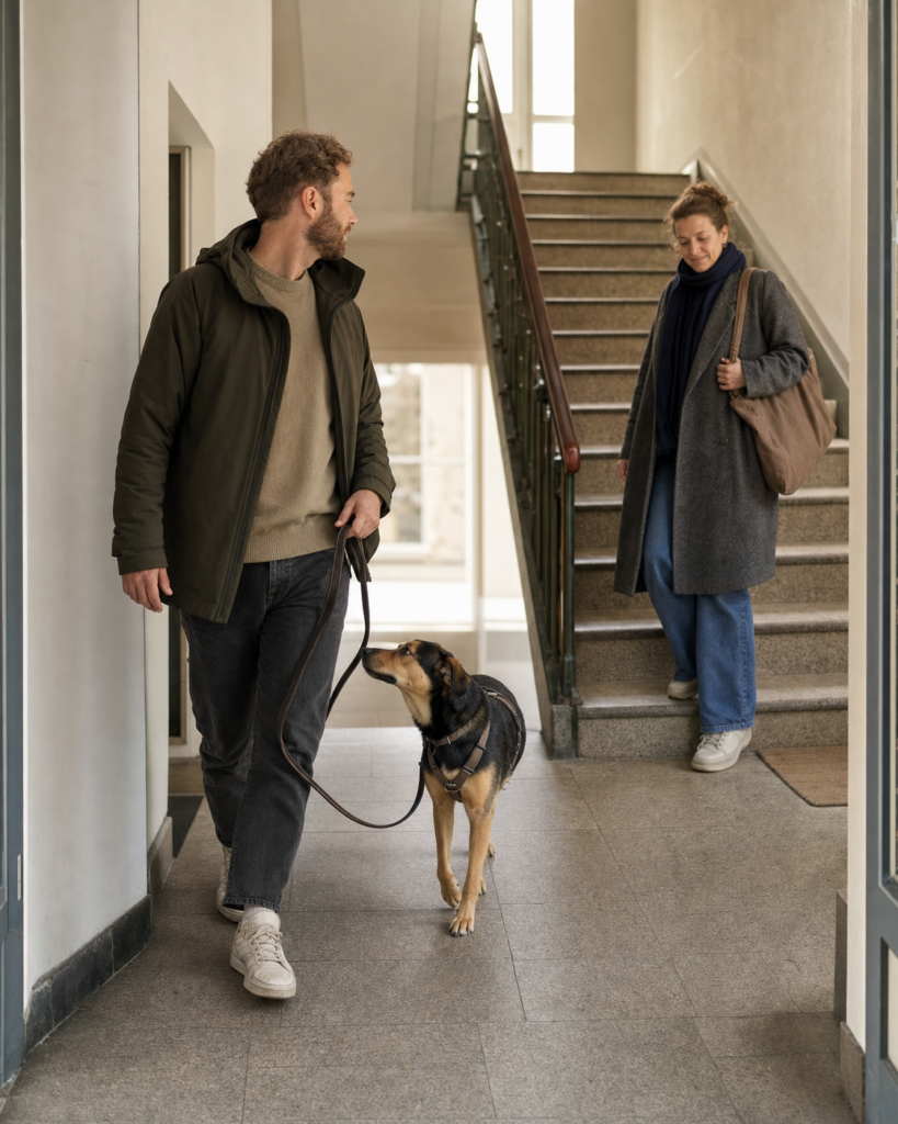 Hund und Mensch gehen entspannt mit Abstand an einem Nachbarn im Treppenhaus vorbei