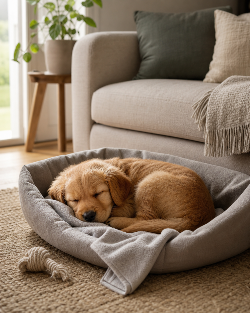 Welpe schläft eingerollt in einem weichen Hundebett neben dem Sofa