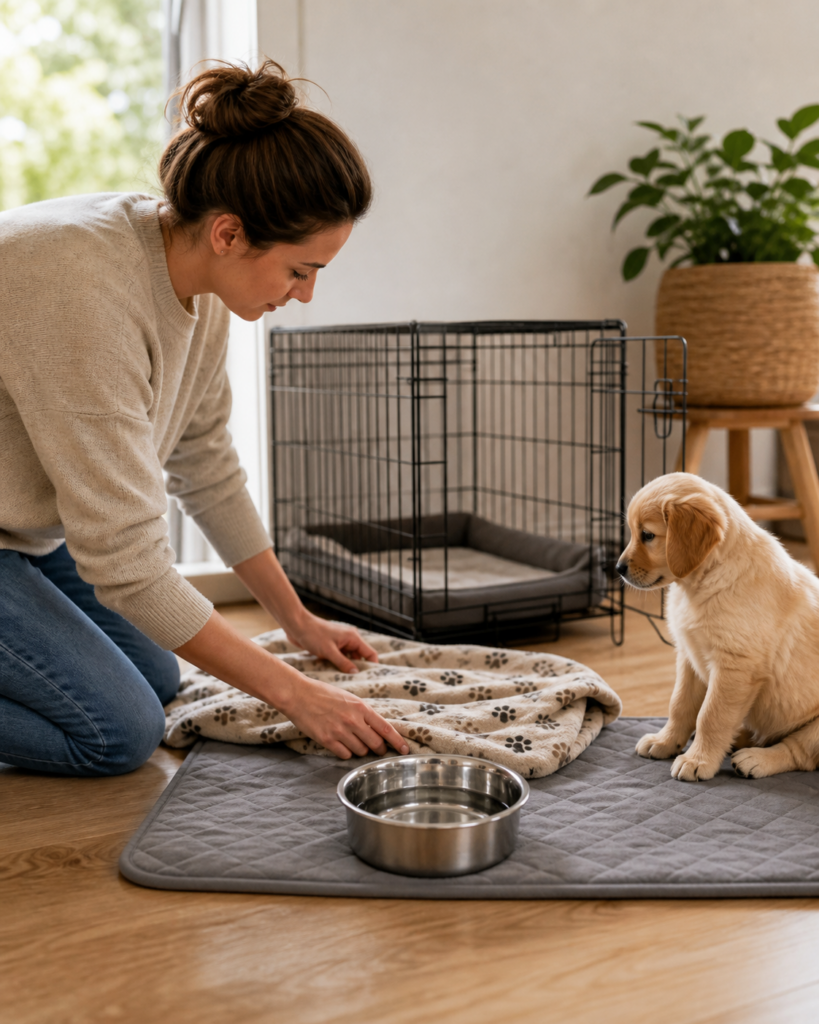 Hundehalterin richtet eine sichere Welpenecke mit Wasser, Decke und offener Box ein